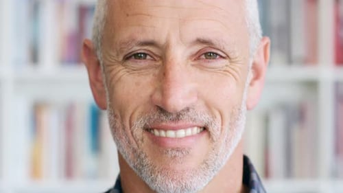 Face smile, library portrait and professor happy with education at college campus