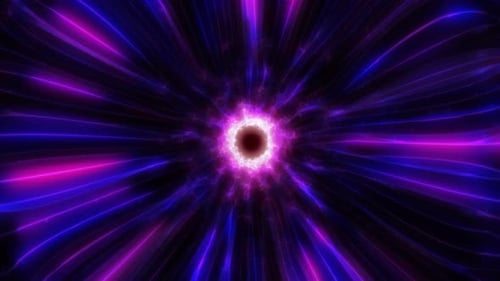 Una fascinante ráfaga de rayos de luz rosa y azul neón que convergen en un núcleo brillante en energía dinámica