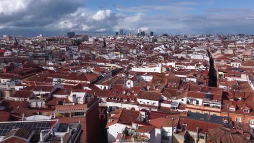 Flyover Red Roofscape Of The Historical City Of Madrid, Spain. Aerial Drone Shot