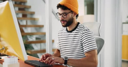 Man, computer or typing in business for creativity, article editing or review document in creative