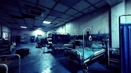 Abandoned Emergency Ward Illuminated By Neon Reflections and Scattered Equipment
