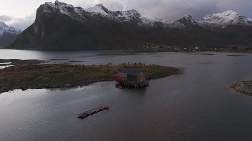 Picturesque Red House on Island, Aerial View