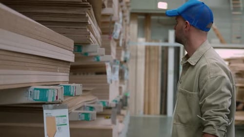 Carpintero seleccionando madera en una ferretería
