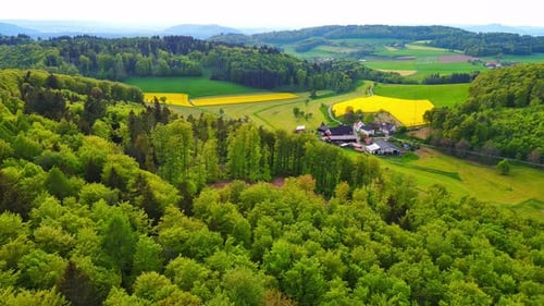 A Farm Stands on a Hill with Crop Fields White Bales of Hay and Pastures Surrounded By Forest