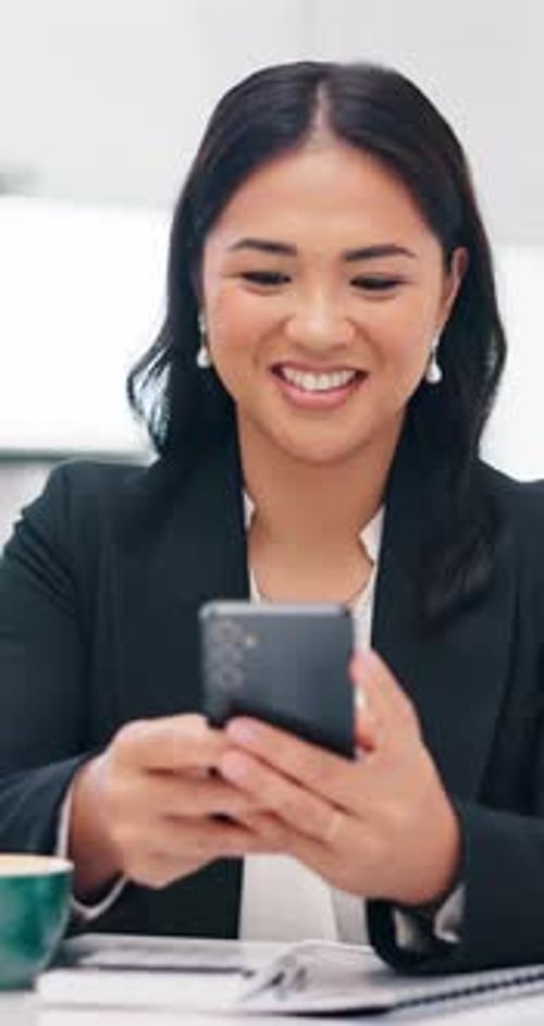 Happy, phone and business woman in office for social media, online contact and connection on break