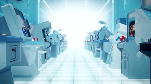 Futuristic Corridor With Arcade Machines lining both sides. Looped video. 1080p