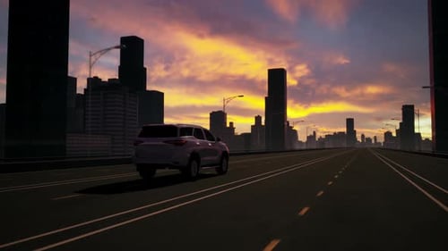 3D Animated Car Driving on Highway Bridge at Sunset