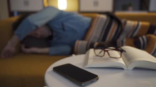 Man Sleeping on Couch with Phone and Book