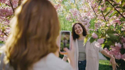 Zwei unglaublich schöne junge Frauen filmen sich gegenseitig auf einem Smartphone im Park gegen die