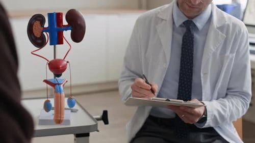 Urologist Listening to Patient and Taking Notes in Clinic