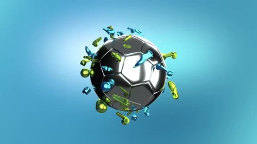 Animated Metallic Soccer Ball with Orbiting Sports Equipment