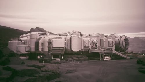 Colonist Base on a Distant Planet with Futuristic Structures During Twilight