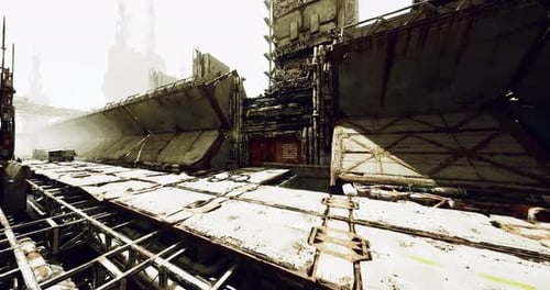 Industriekomplex mit großen Strukturen und Geräten in einer futuristischen Umgebung