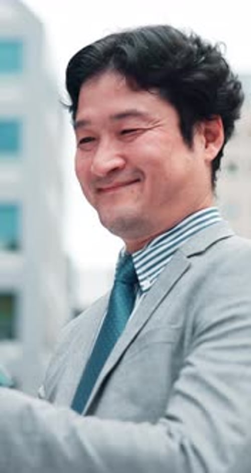 Japanese, businessman and city with tablet for scroll, travel journey or search with app
