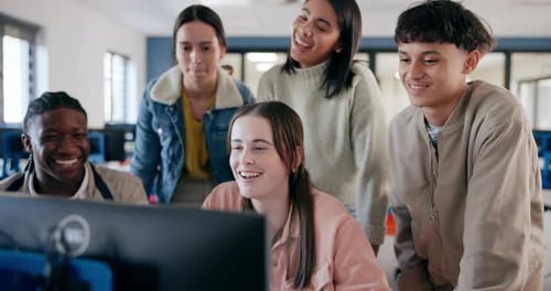 College, students and computer lab at school for coding, tech and group project with collaboration