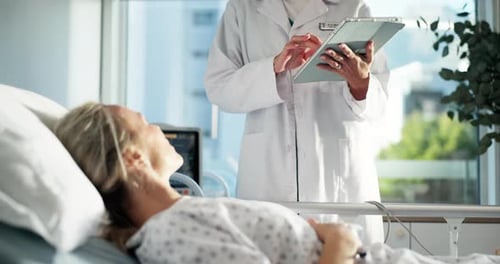 Doctor, tablet and ill woman in hospital bed with healthcare report, surgery results and feedback