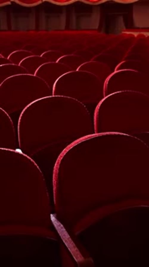 Red velvet chairs in theater hall. Rows of comfortable seats without people.