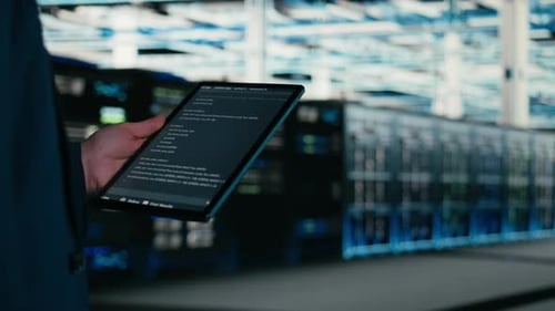 Close Up of Data Center Engineer Using Tablet to Write Code