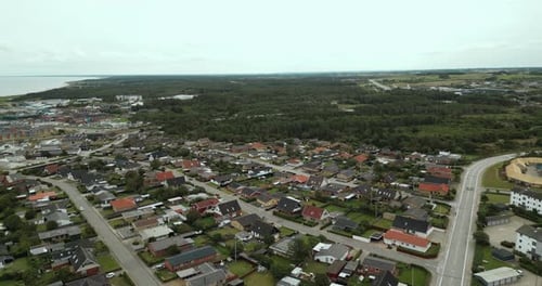 A Broad View of the Neighborhood in the Danish Town and Harbor of Hirtshals, Denmark, Europe - Drone