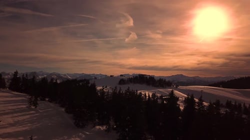 Picturesque white mountain slopes covered with pine forests and skiing pistes and moving chairlift i