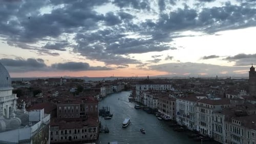 Cinematic Aerial Venice Cityscape Landmark at Sunset or Night