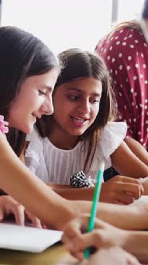 Young Teen Girls Studying Together Doing Exercises at Primary School