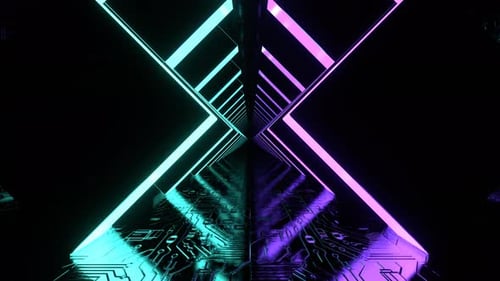 Turquoise And Purple Cyber Corridor With Neon Glowing Figure Arches Background Vj Loop In 4K
