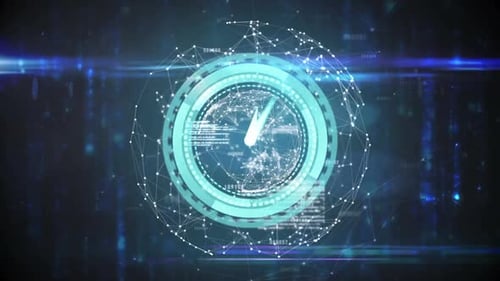 Digital animation of digital clock ticking over globe of network of connections against blue backgro
