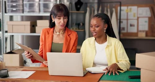 Box, ecommerce and clipboard with women in warehouse for supply chain, delivery checklist