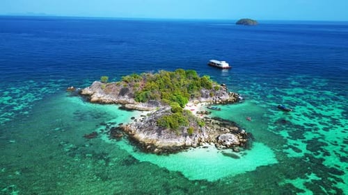 beach rocky cliff island turquoise blue sea. Gorgeous aerial top view flight speed ramp Hyperlapse m