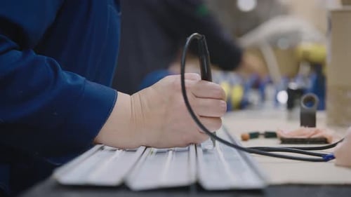 Souder un luminaire dans une usine d'éclairage industriel Dans le cadre se trouvent des mains avec un fer à souder