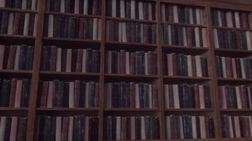 Old wooden library with books of various colors and sizes. Old books on bookshelves