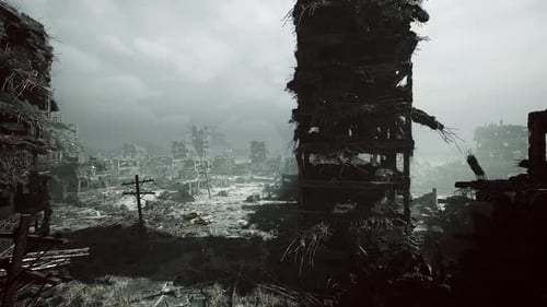 Destroyed Cityscape Flyover in Post-Apocalyptic Grunge Style