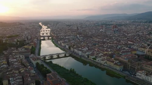 Aerial Panoramic View of Sights in Old Town and Arno River Flowing Along