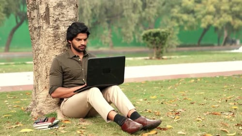 Man Works on Laptop Outside in a Park