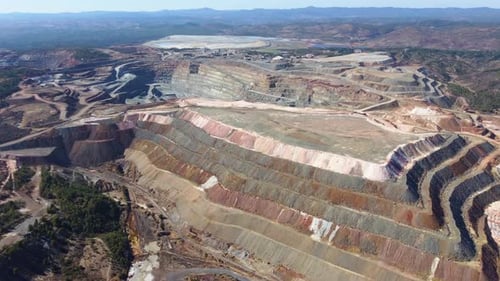 Aerial drone view of Mining activity. Apocalypse scenery. Earth destruction. Disruption of nature.