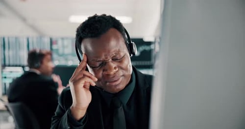 Computer, stock market trading and stress with black man in office for burnout