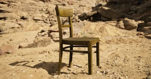 Realistic Wooden Chair Rotating in Arid Desert Landscape