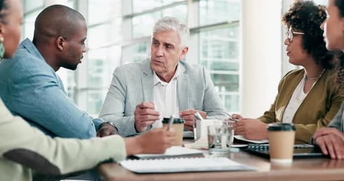 Morning meeting, talking and business people with manager for a strategy, work agenda or planning