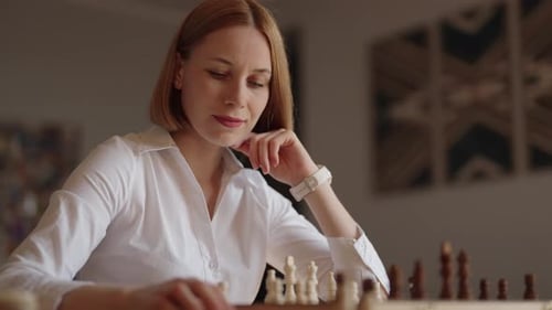 Business Woman Playing Chess At Home
