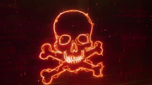 Skull And Bones-Logo auf abstraktem Netzwerktechnologie-Hintergrund Digitales Hologramm Virtual Hud Pin 02