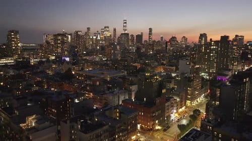 Aerial view of Downtown Manhattan at night