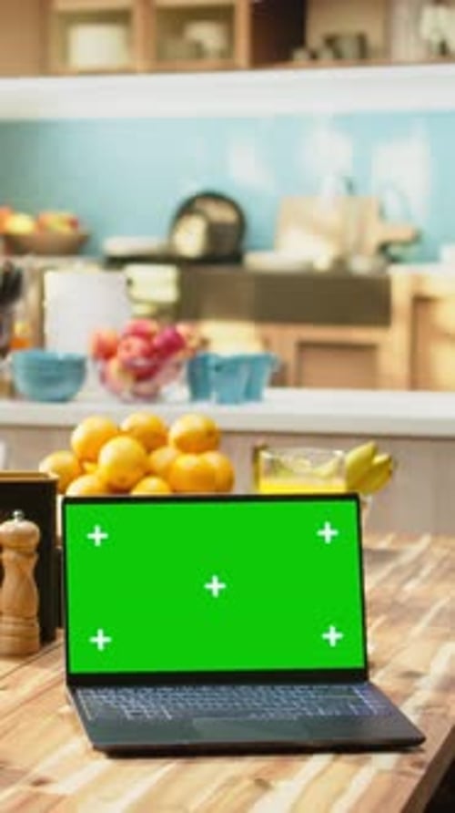 Vertical Video Isolated Chroma Key Screen in Cozy Kitchen Interior with Breakfast Table