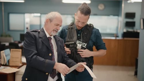 Police team going over documents in a precinct
