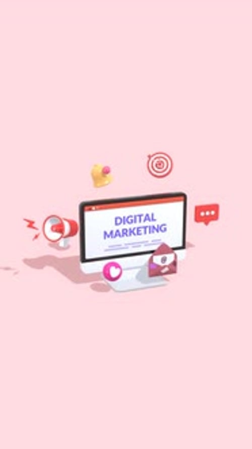 Monitor animado com texto de marketing digital e ícones em formato de vídeo vertical.