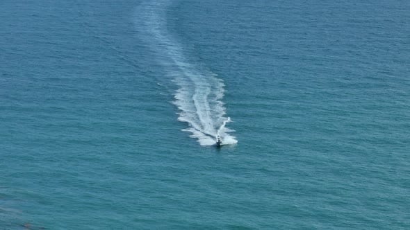 Aerial View of Motorboat Sailing Fast on Sea Waves with Ripple Surface ...