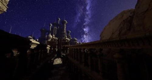 Majestic Ancient Structure Illuminated Under a Starry Night Sky