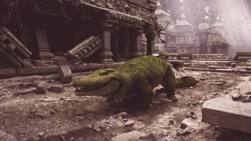 Un crocodile explore d'anciennes ruines dans un environnement brumeux