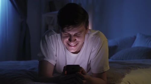 Night Mobile Chat Gadget Bedtime Guy Using Phone