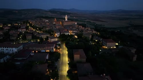 Night Aerial View of Medieval Pienza Town in Tuscany Siena Province Italy